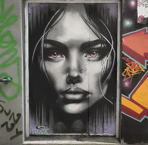 Un portrait de femme au regard perçant, peint à la bombe sur une porte couverte de graffitis