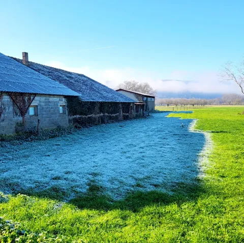 Une longue ferme au bord d’un pré, partagé entre l’herbe givrée et l’herbe au soleil