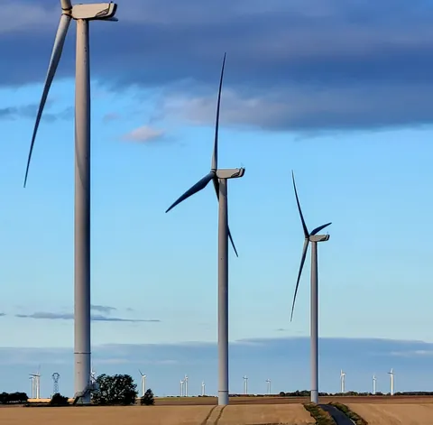 Trois éoliennes dans un champ sous le ciel bleu