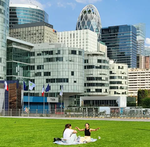 Un pique-nique sur une pelouse devant les tours de la Défense