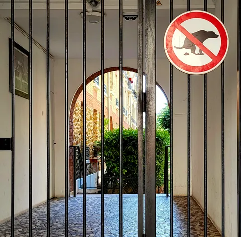 Un panneau d’interdiction de chiens au-dessus d’une grille d’entrée
