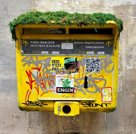 Une boîte aux lettres jaune taguée, coiffée de mousse