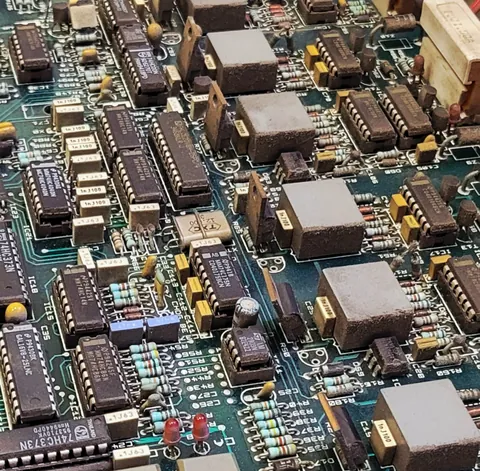 Une carte électronique vue de près, comme une ville de tours