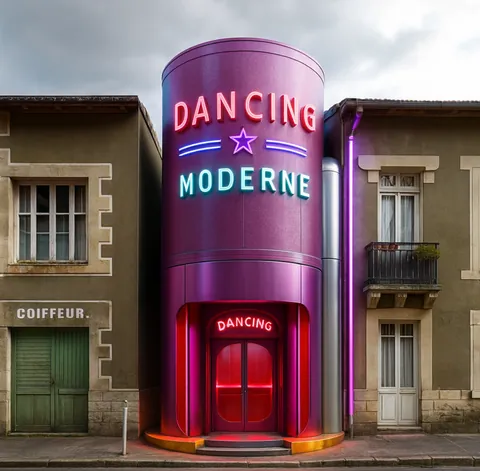 Une tour violette « Dancing Moderne » collée à une maison de coiffeur
